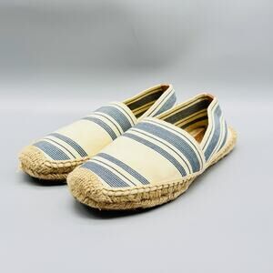 Tory Burch Shoes Womens 8.5 Blue Ivory Canvas Stripe Espadrilles Jute Slip On